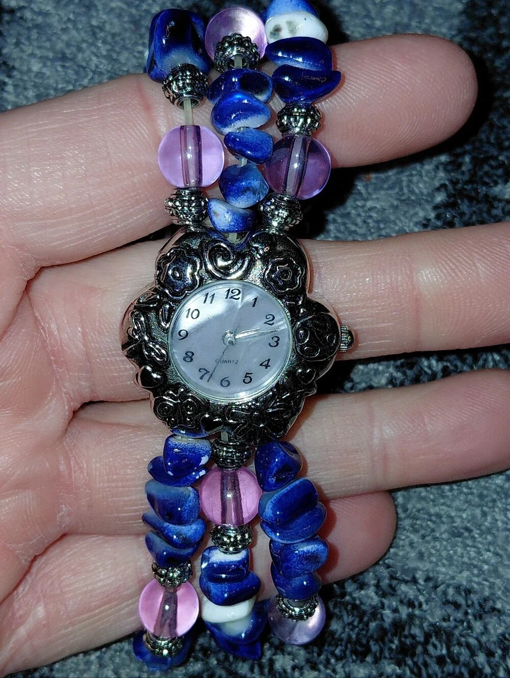 Vintage Boho Beaded Bracelet Watch Blue Stone Pink Glass Silver Floral Quartz CC
